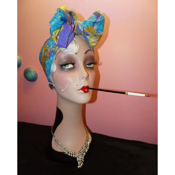 Vintage Blue & Purple Extra Large Floral Scarf square shaped flowers leaves 70s - Picture 3 of 16